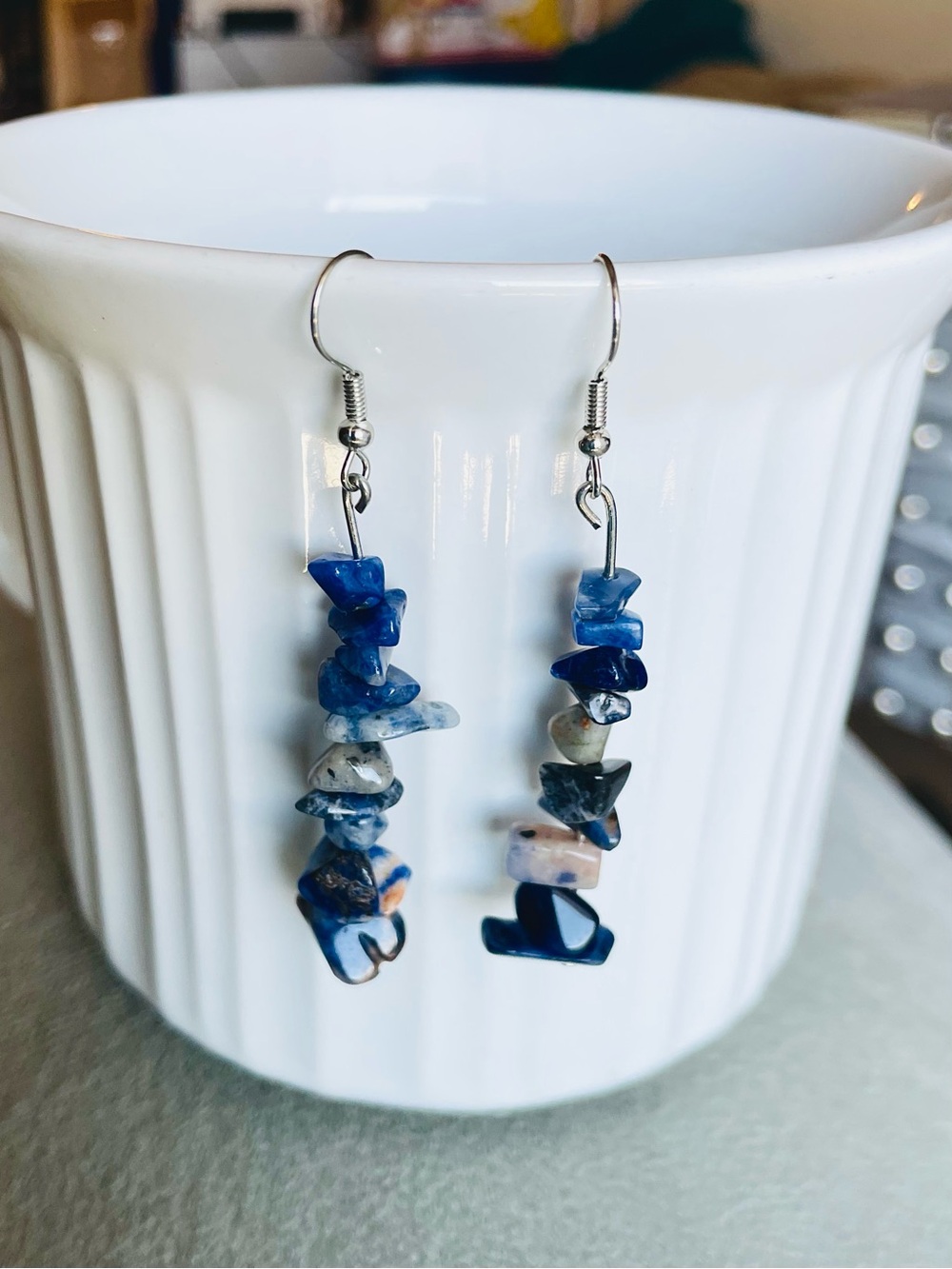 Handmade Blue Chip Stone Dangle Earrings - Picture 6 of 8